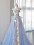 Elegant Mermaid Square Neckline Blue Sequin Long Prom Dress Evening Dresses HZ1024