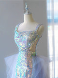 Elegant Mermaid Square Neckline Blue Sequin Long Prom Dress Evening Dresses HZ1024