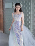 Elegant Mermaid Square Neckline Blue Sequin Long Prom Dress Evening Dresses HZ1024