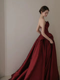 Elegant Ball Gown Strapless Burgundy Satin Long Prom Dress Evening Dresses HZ1024