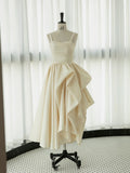 Chic High Low Straps Sleeveless Ivory Satin Wedding Dresses With Ruffles HZ1024