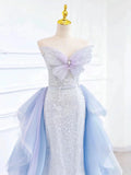 Elegant Mermaid Strapless Neckline Blue Sequin Long Prom Dress Evening Dresses HZ1024