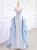 Elegant Mermaid Strapless Neckline Blue Sequin Long Prom Dress Evening Dresses HZ1024