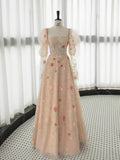Elegant A Line Strapless Neckline Floral Lace Long Prom Dress Evening Dresses HZ1024
