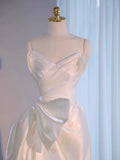 Chic High Low Spaghetti Straps Sleeveless White Satin Wedding Dresses With Ruffles HZ1024