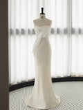 Chic Mermaid Strapless Sleeveless White Satin Wedding Dresses With Ruffles HZ1024