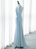 Elegant Mermaid V Neckline Blue Backless Pearls Long Prom Dress Evening Dresses HZ1024