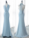 Elegant Mermaid V Neckline Blue Backless Pearls Long Prom Dress Evening Dresses HZ1024