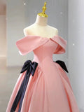Elegant Ball Gown Off The Shoulder Pink Satin Long Prom Dress Evening Dresses HZ1024