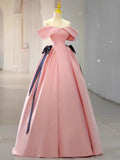 Elegant Ball Gown Off The Shoulder Pink Satin Long Prom Dress Evening Dresses HZ1024