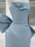 Pretty Sheath Strapless Blue Satin Long Prom Dress Evening Dresses With Bow HZ1024
