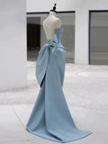 Pretty Sheath Strapless Blue Satin Long Prom Dress Evening Dresses With Bow HZ1024