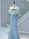 Elegant Mermaid Satin Blue Long Prom Dresses With Bow-knot Party Dress HZ1024