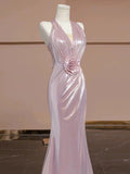 Elegant Sheath V Neckline Pink Sequin Long Prom Dress Evening Dresses With Flowers HZ1024