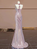 Elegant Sheath V Neckline Pink Sequin Long Prom Dress Evening Dresses With Flowers HZ1024