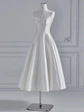 Chic A line Spaghetti Straps Tea Length White Satin Wedding Dresses With Lace HZ1024
