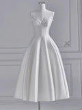 Chic A line Spaghetti Straps Tea Length White Satin Wedding Dresses With Lace HZ1024