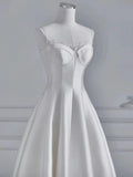 Chic A line Spaghetti Straps Tea Length White Satin Wedding Dresses With Lace HZ1024