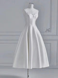 Chic A line Spaghetti Straps Tea Length White Satin Wedding Dresses With Lace HZ1024