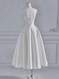 Chic A line Spaghetti Straps Tea Length White Satin Wedding Dresses With Lace HZ1024