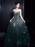 Elegant A line Strapless Green Sequin Long Prom Dress Evening Dresses HZ1024