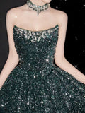 Elegant A line Strapless Green Sequin Long Prom Dress Evening Dresses HZ1024
