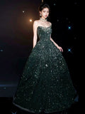 Elegant A line Strapless Green Sequin Long Prom Dress Evening Dresses HZ1024