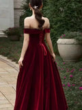 Elegant A line Off The Shoulder Burgundy Velvet Long Prom Dress Evening Dresses HZ1024