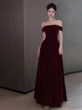 Elegant A line Off The Shoulder Burgundy Velvet Long Prom Dress Evening Dresses HZ1024