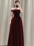 Elegant A line Off The Shoulder Burgundy Velvet Long Prom Dress Evening Dresses HZ1024