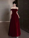 Elegant A line Off The Shoulder Burgundy Velvet Long Prom Dress Evening Dresses HZ1024