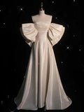 Chic A line Off The Shoulder Half Sleeves Satin Wedding Dresses With Ruffles HZ1024