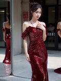 Elegant Mermaid Off The Shoulder Burgundy Sequin Long Prom Dress Evening Dresses HZ1024