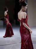 Elegant Mermaid Off The Shoulder Burgundy Sequin Long Prom Dress Evening Dresses HZ1024