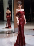 Elegant Mermaid Off The Shoulder Burgundy Sequin Long Prom Dress Evening Dresses HZ1024