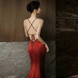 Sexy Mermaid Spaghetti Straps Burgundy Satin Prom Dresses Evening Dress With Beads HZ1024