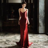 Sexy Mermaid Spaghetti Straps Burgundy Satin Prom Dresses Evening Dress With Beads HZ1024