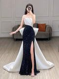 Elegant Mermaid Strapless Black Sequin Long Prom Dress Evening Dresses HZ1024