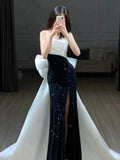 Elegant Mermaid Strapless Black Sequin Long Prom Dress Evening Dresses HZ1024