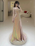 Elegant Mermaid Strapless Pink Slit Sequin Long Prom Dress Evening Dresses HZ1024