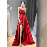 Elegant A line Sweetheart Red Satin Long Prom Dress Evening Dresses HZ1024
