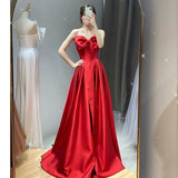 Elegant A line Sweetheart Red Satin Long Prom Dress Evening Dresses HZ1024