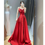 Elegant A line Sweetheart Red Satin Long Prom Dress Evening Dresses HZ1024