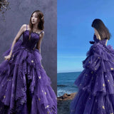 Elegant Ball Gown Strapless Purple Satin Long Prom Dress Evening Dresses HZ1024