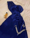 Classy A line One Shoulder Royal Blue Long Satin Party Dress Prom Dresses Evening Dress HZ1024