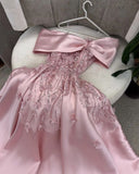 Cute A Line Off The Shoulder Pink Long Satin Beads Long Prom Dresses Party Dress HZ1024