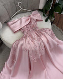 Cute A Line Off The Shoulder Pink Long Satin Beads Long Prom Dresses Party Dress HZ1024