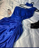 Classy A line One Shoulder Royal Blue Long Satin Pleated Party Dress Prom Dresses Evening Dress HZ1024