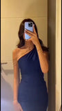 Classy Sheath One Shoulder Royal Blue Long Pleated Party Dress Prom Dresses Evening Dress HZ1024
