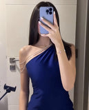 Classy Sheath One Shoulder Royal Blue Long Pleated Party Dress Prom Dresses Evening Dress HZ1024